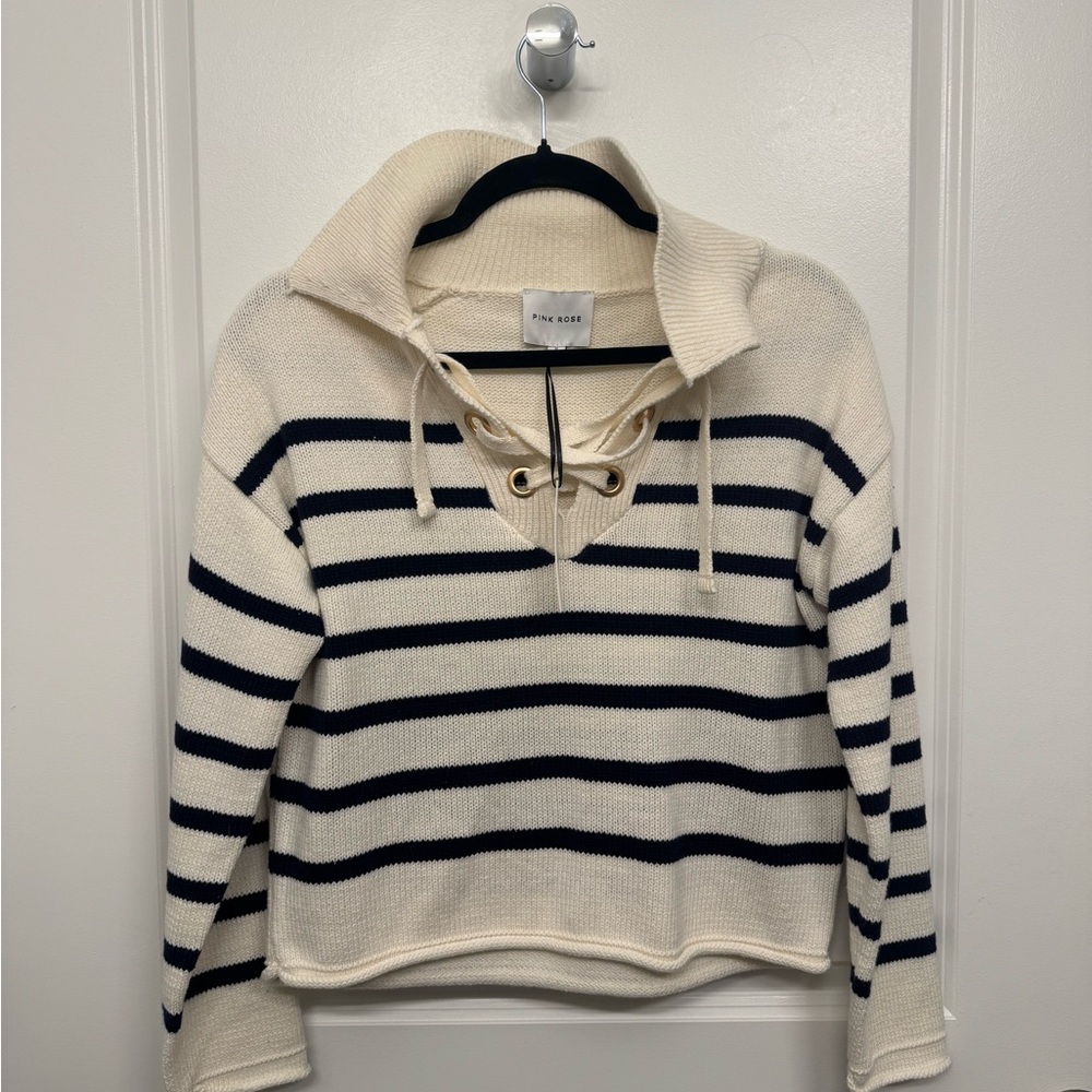 Pink Rose Women's Striped Sweater - Cream and Black